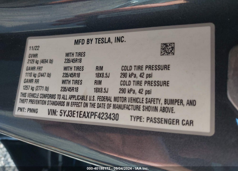2023 TESLA MODEL 3 REAR-WHEEL DRIVE VIN: 5YJ3E1EAXPF423430