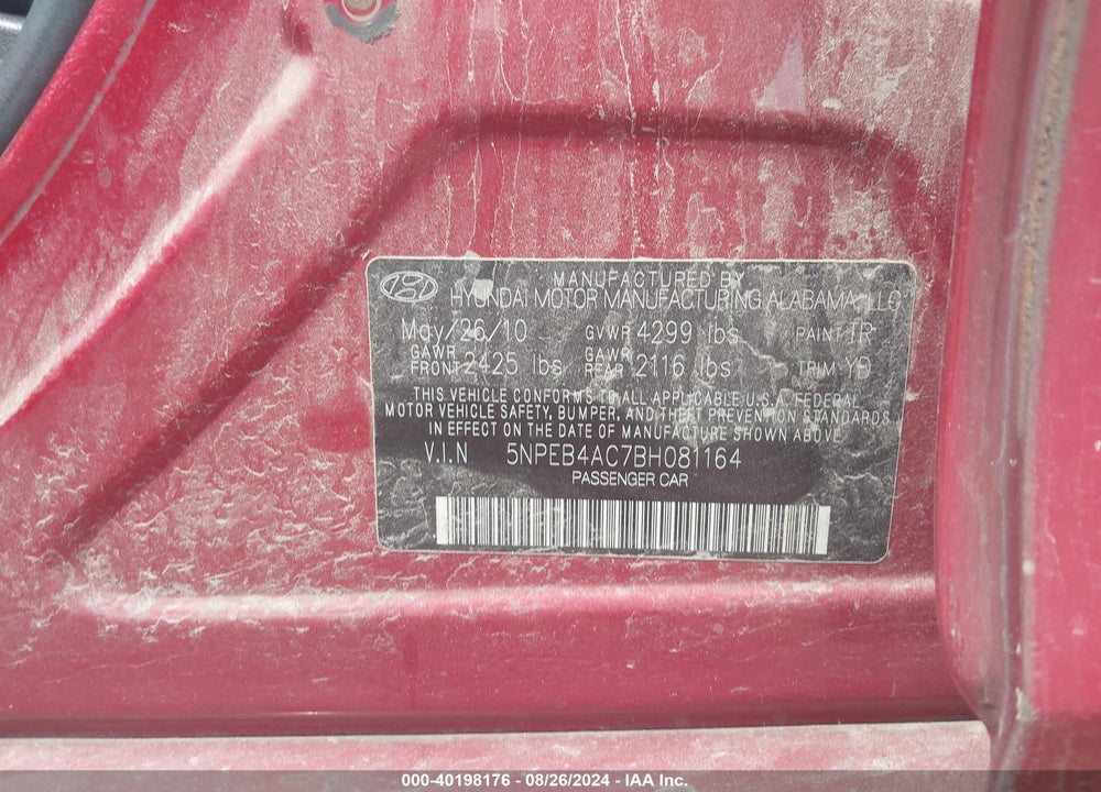 2011 HYUNDAI SONATA VIN: 5NPEB4AC7BH081164