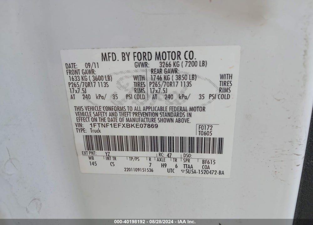 2011 FORD F-150 XL VIN: 1FTNF1EFXBKE07869