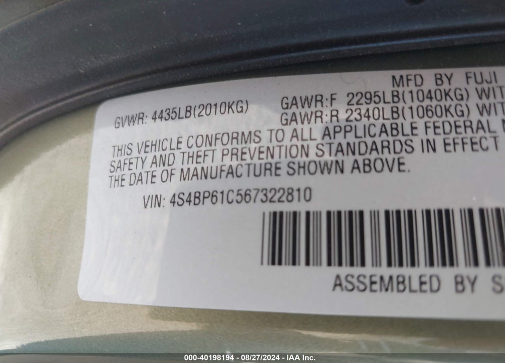 2006 SUBARU OUTBACK 2.5I VIN: 4S4BP61C567322810