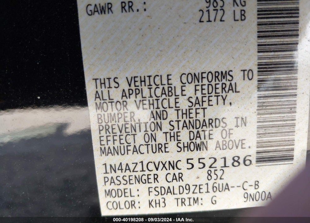 2022 NISSAN LEAF SV 40 KWH VIN: 1N4AZ1CVXNC552186