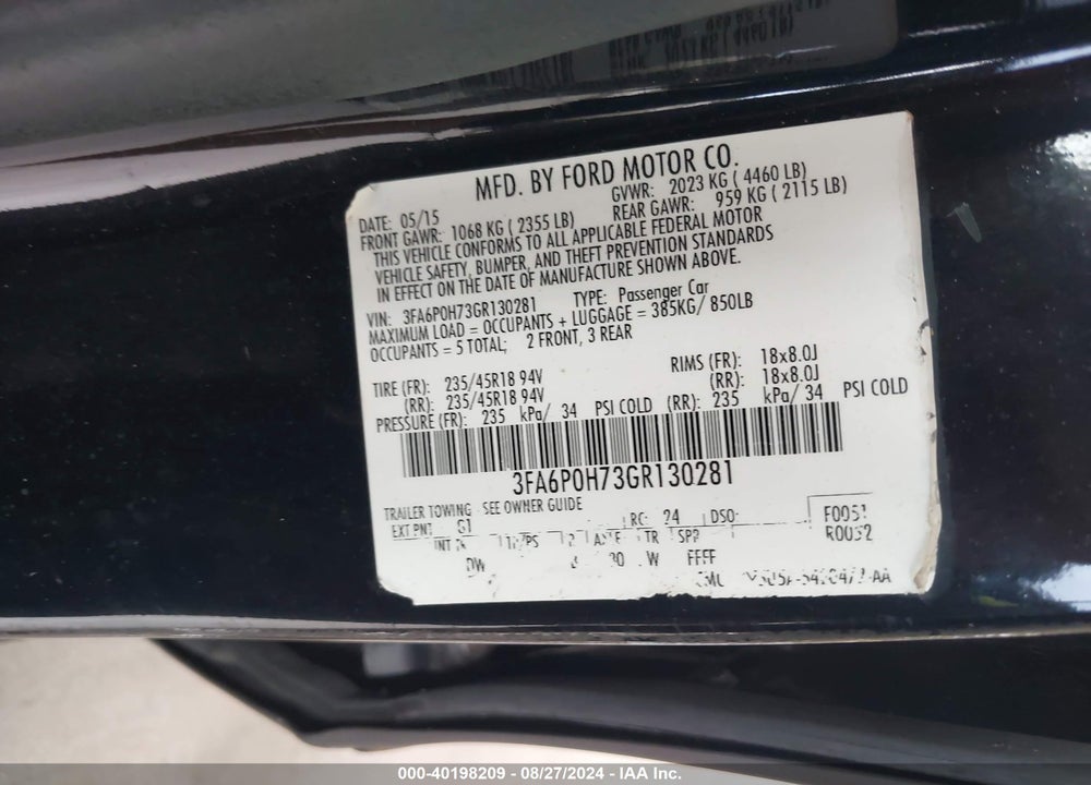 2016 FORD FUSION SE VIN: 3FA6P0H73GR130281