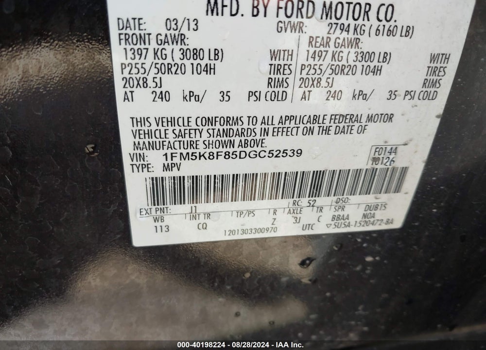 2013 FORD EXPLORER VIN: 1FM5K8F85DGC52539