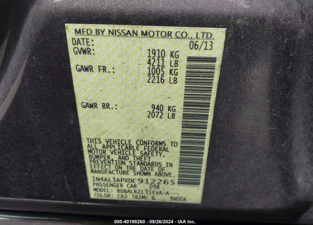 2013 NISSAN ALTIMA 2.5 S VIN: 1N4AL3APXDC912265