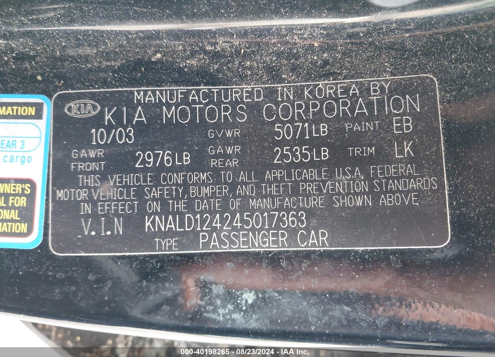 2004 KIA AMANTI VIN: KNALD124245017363