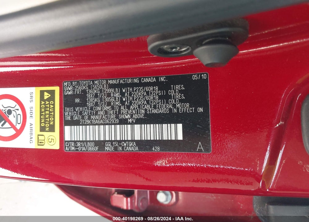 2010 LEXUS RX 350 VIN: 2T2BK1BA6AC062939