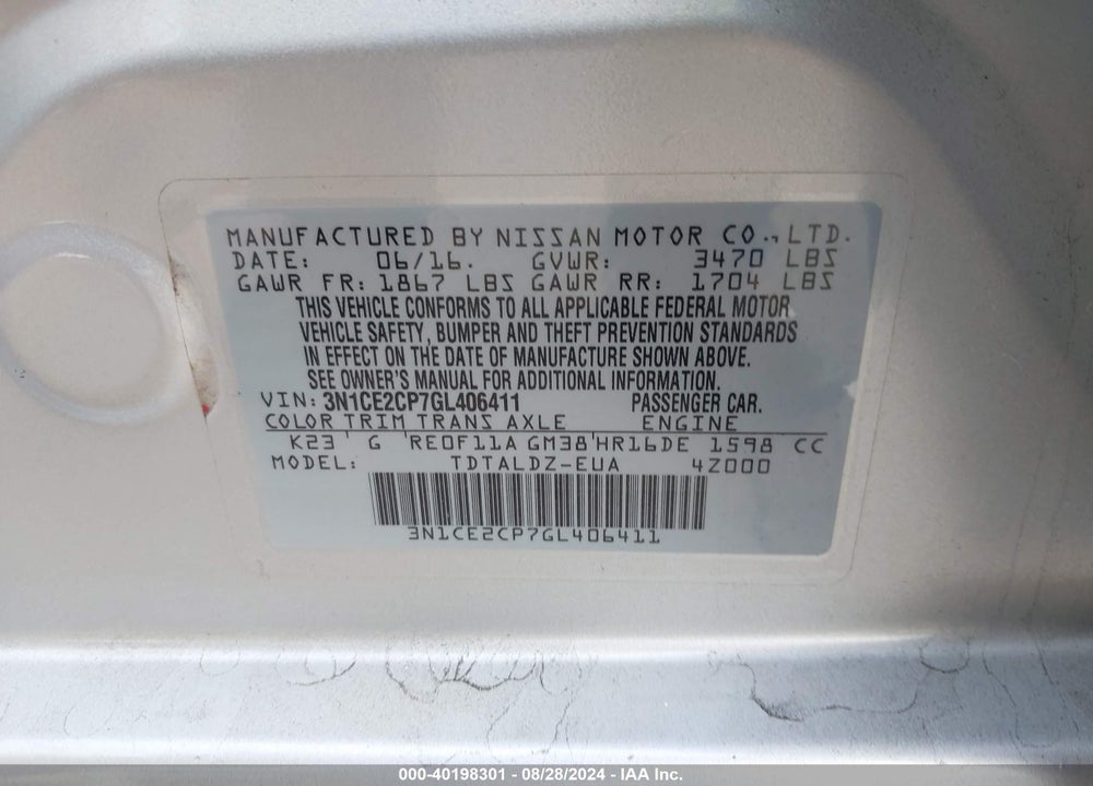 2016 NISSAN VERSA NOTE SV VIN: 3N1CE2CP7GL406411