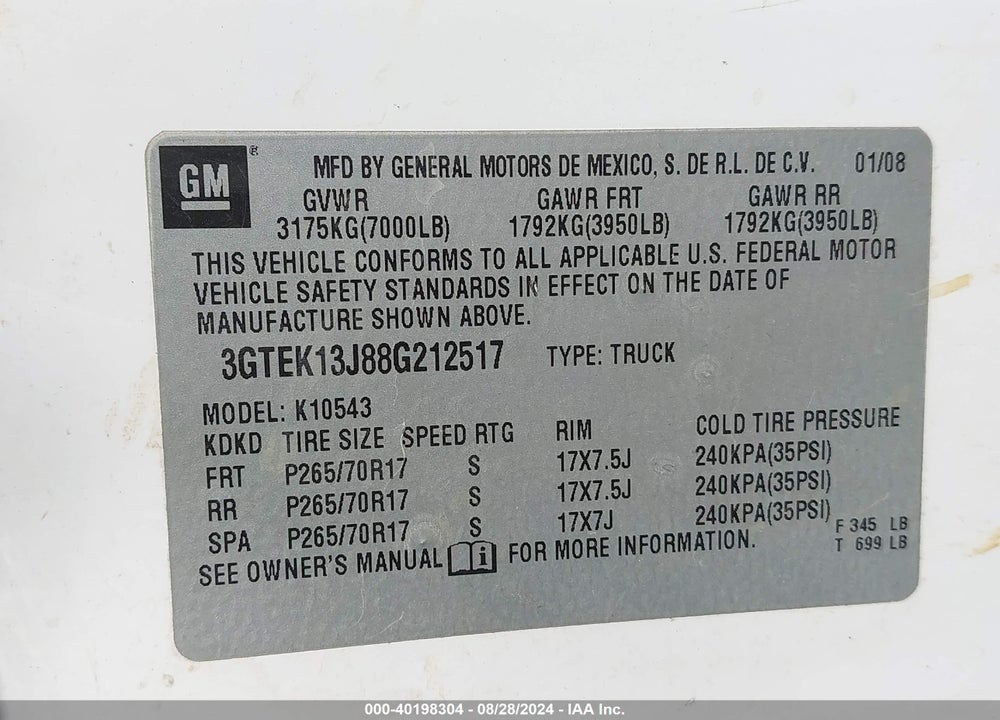2008 GMC SIERRA 1500 SLT VIN: 3GTEK13J88G212517