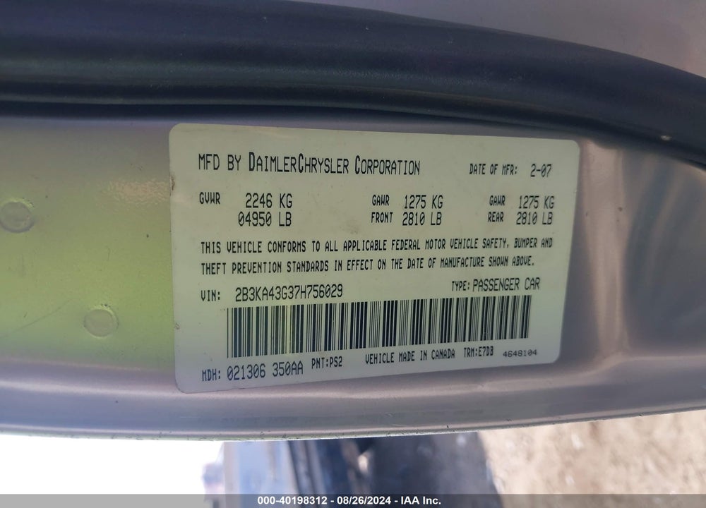 2007 DODGE CHARGER VIN: 2B3KA43G37H756029