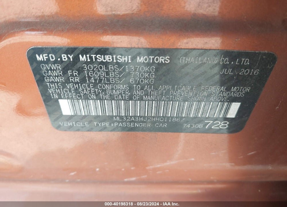 2017 MITSUBISHI MIRAGE ES VIN: ML32A3HJ2HH011862