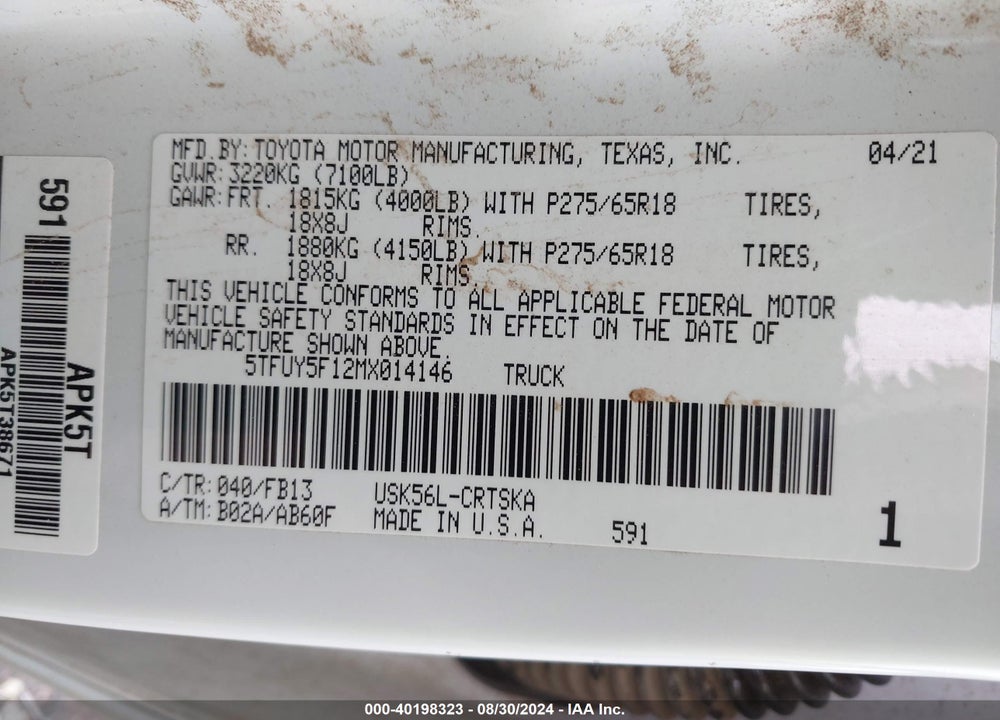 2021 TOYOTA TUNDRA SR5 VIN: 5TFUY5F12MX014146
