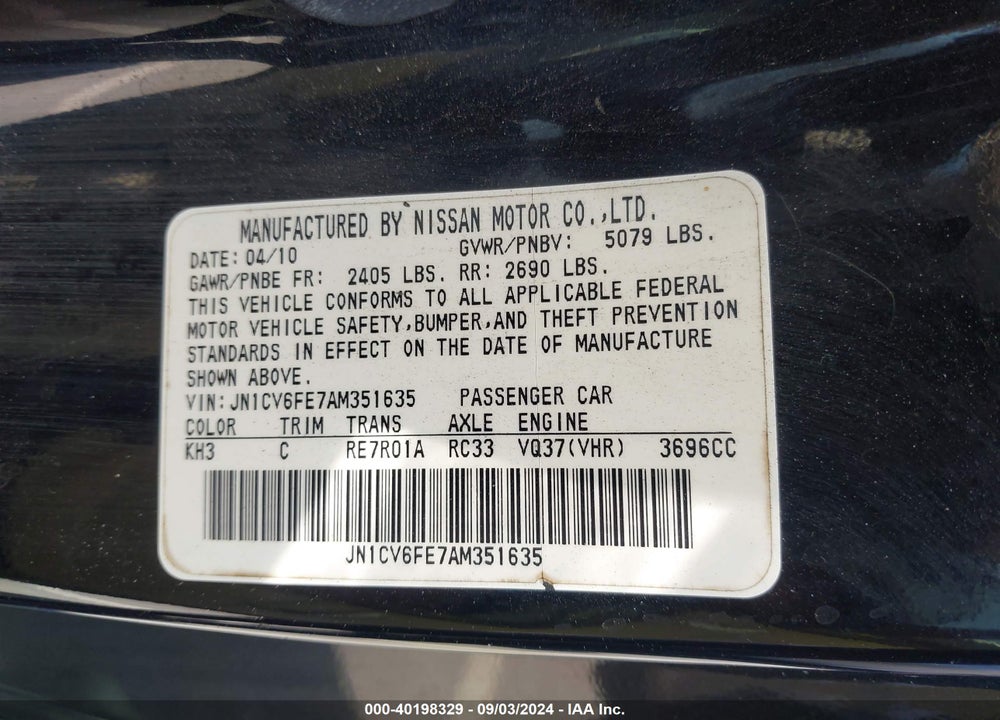 2010 INFINITI G37 VIN: JN1CV6FE7AM351635
