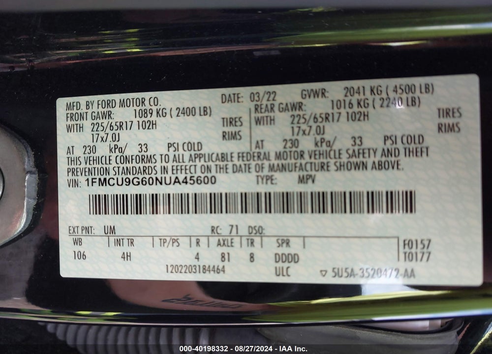 2022 FORD ESCAPE SE VIN: 1FMCU9G60NUA45600