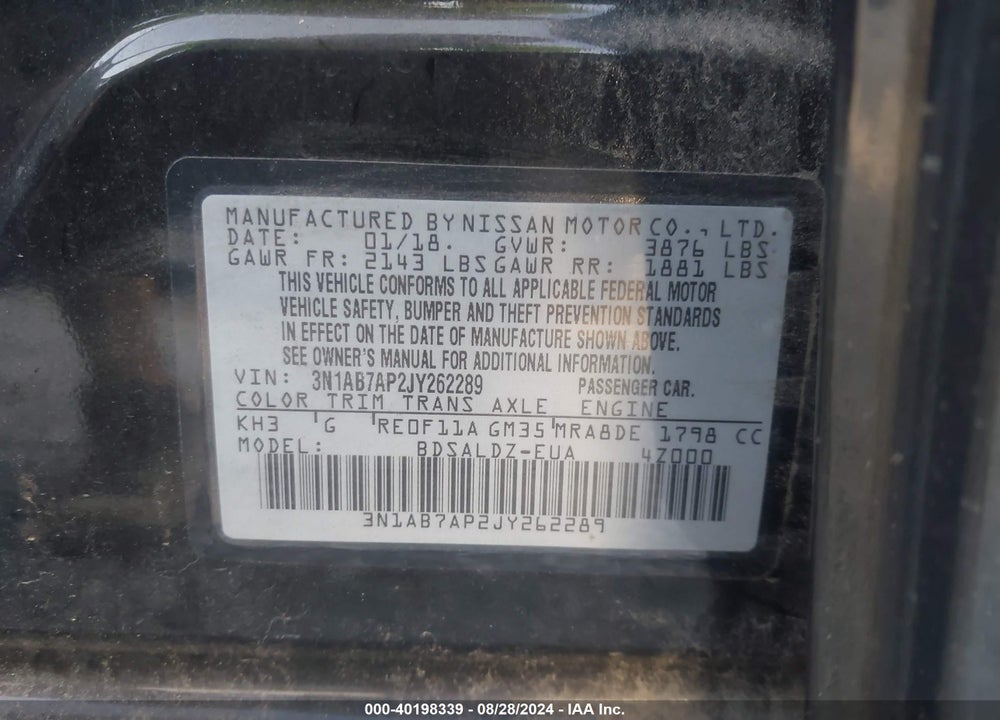 2018 NISSAN SENTRA SV VIN: 3N1AB7AP2JY262289