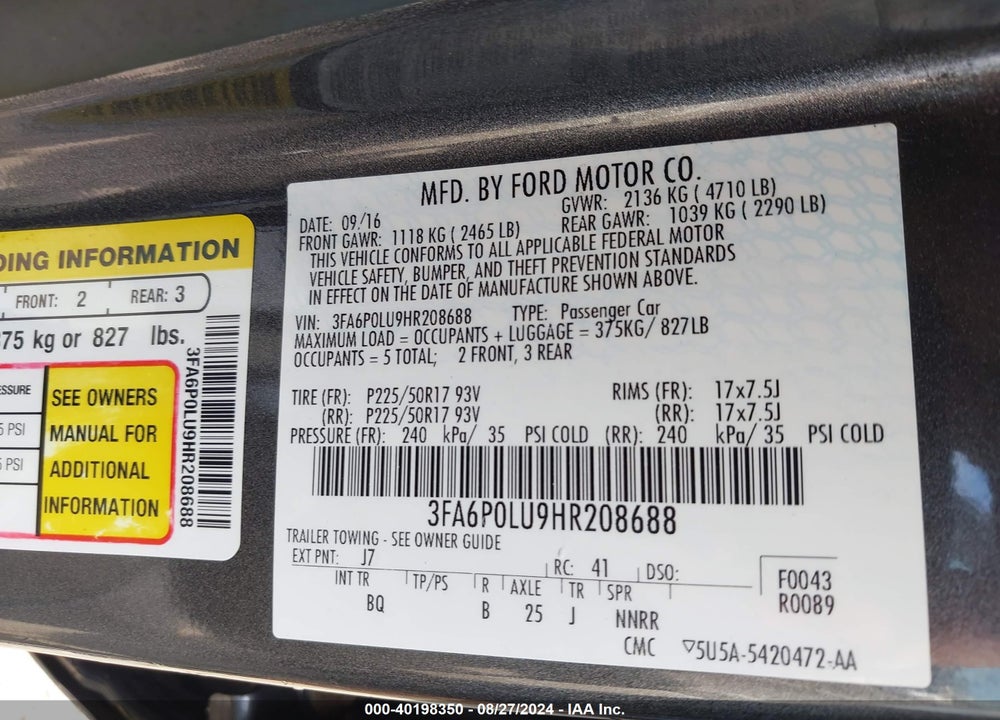 2017 FORD FUSION HYBRID SE VIN: 3FA6P0LU9HR208688