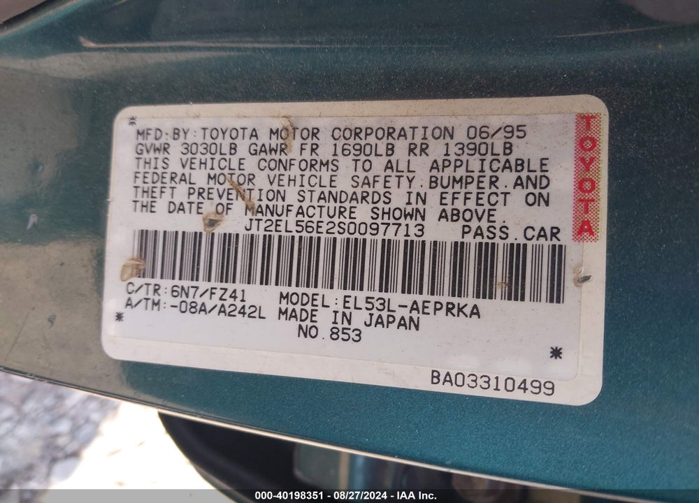 1995 TOYOTA TERCEL DX VIN: JT2EL56E2S0097713