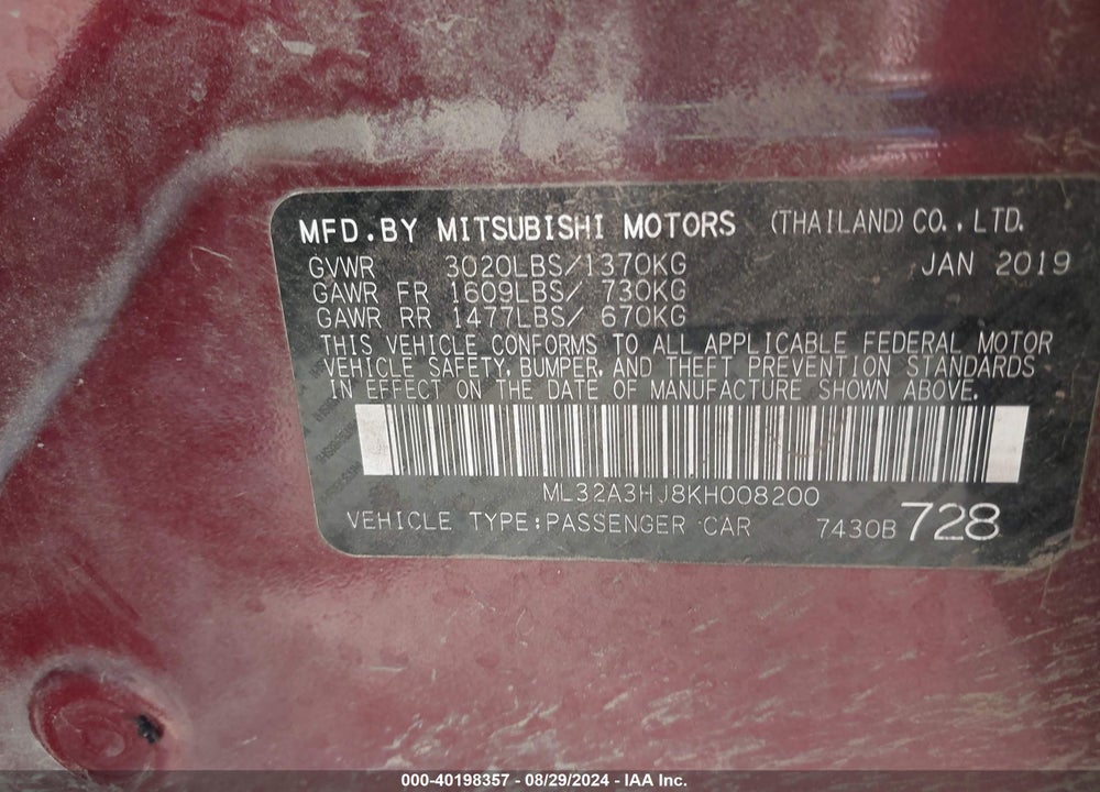 2019 MITSUBISHI MIRAGE RF VIN: ML32A3HJ8KH008200
