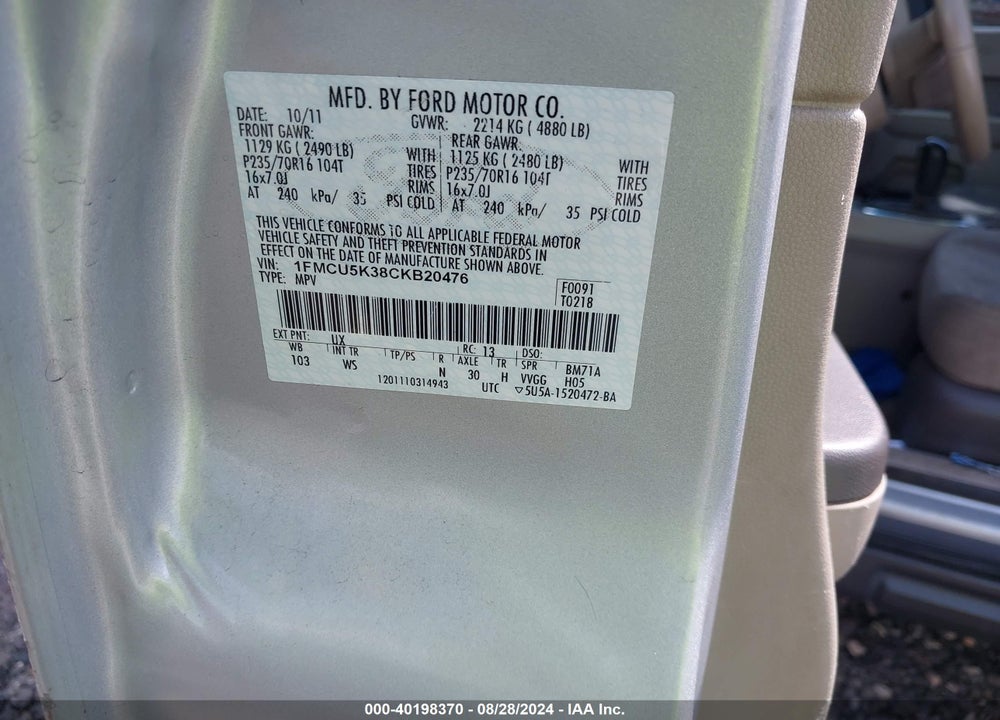 2012 FORD ESCAPE HYBRID VIN: 1FMCU5K38CKB20476