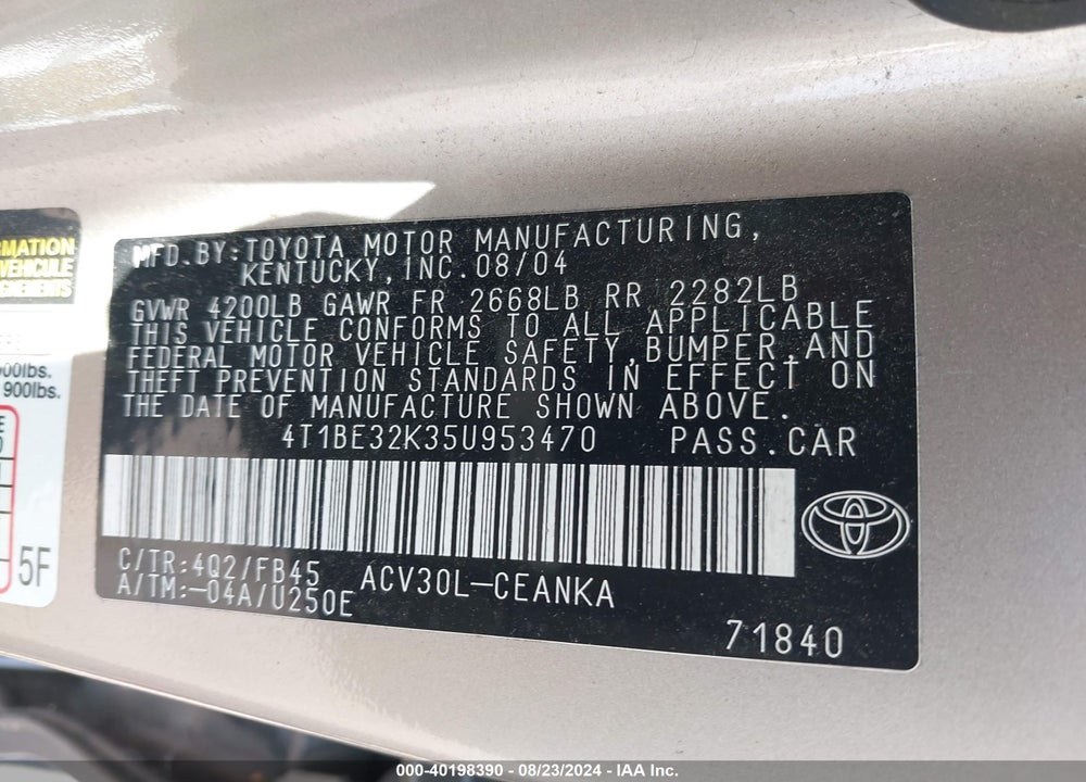 2005 TOYOTA CAMRY LE VIN: 4T1BE32K35U953470