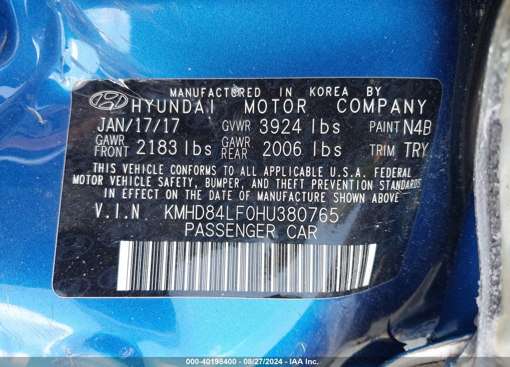 2017 HYUNDAI ELANTRA VALUE EDITION VIN: KMHD84LF0HU380765