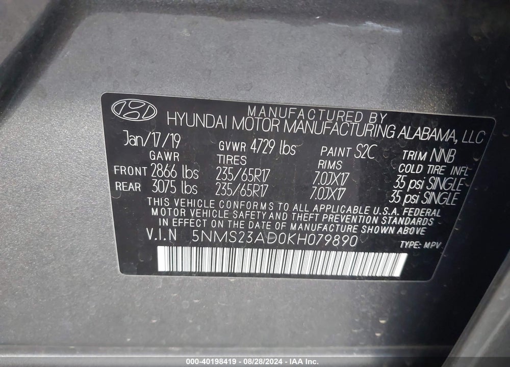 2019 HYUNDAI SANTA FE SE VIN: 5NMS23AD0KH079890