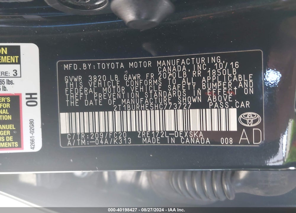 2017 TOYOTA COROLLA SE VIN: 2T1BURHE5HC773727