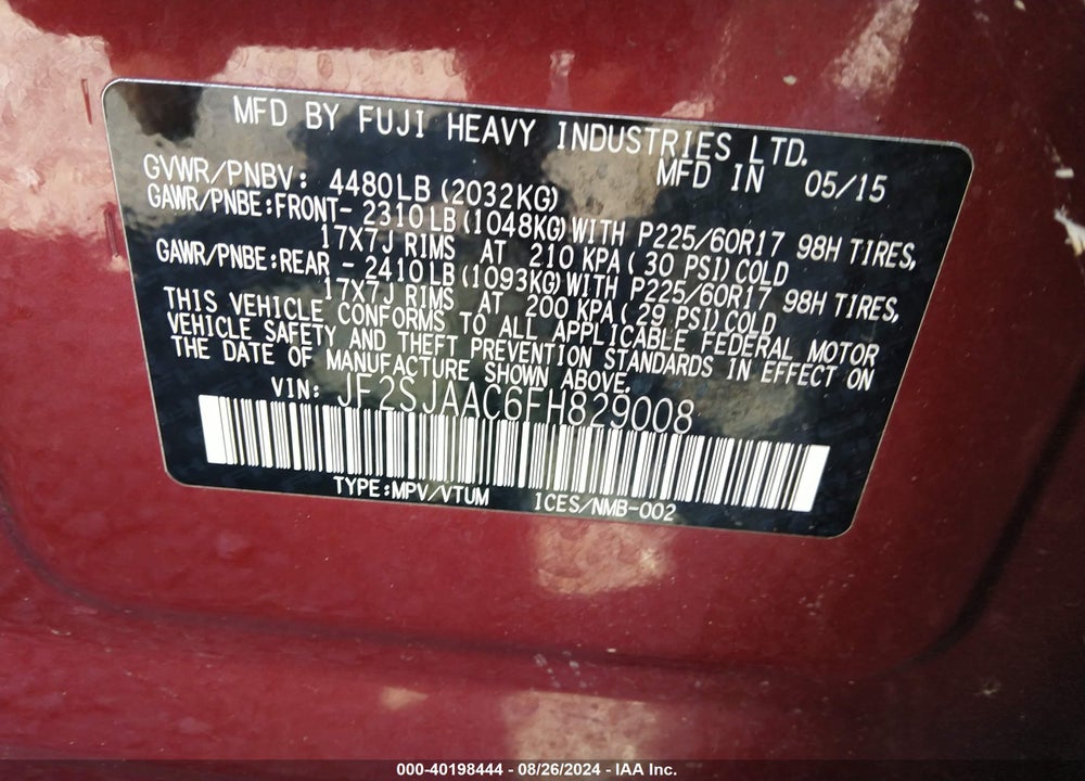 2015 SUBARU FORESTER 2.5I VIN: JF2SJAAC6FH829008