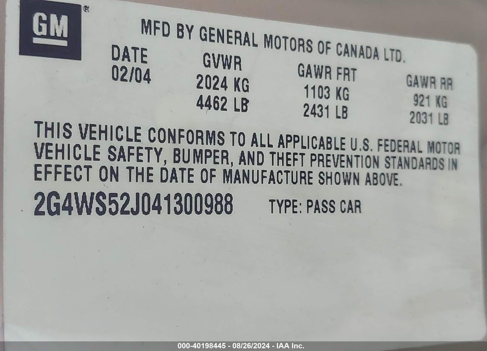 2004 BUICK CENTURY VIN: 2G4WS52J041300988