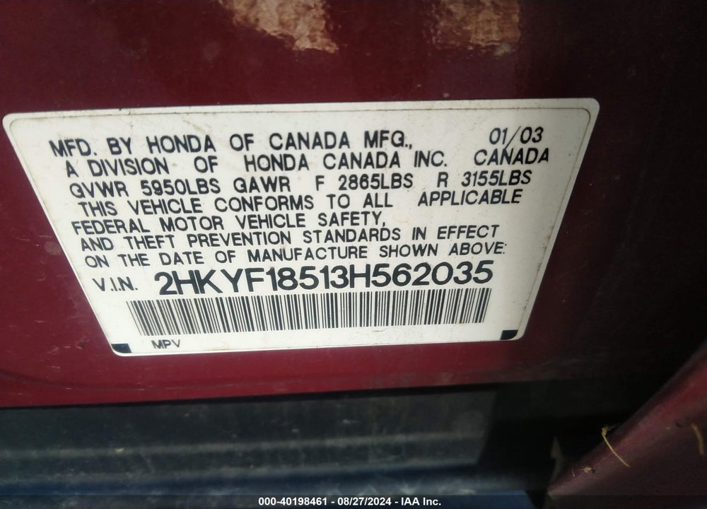2003 HONDA PILOT VIN: 2HKYF18513H562035