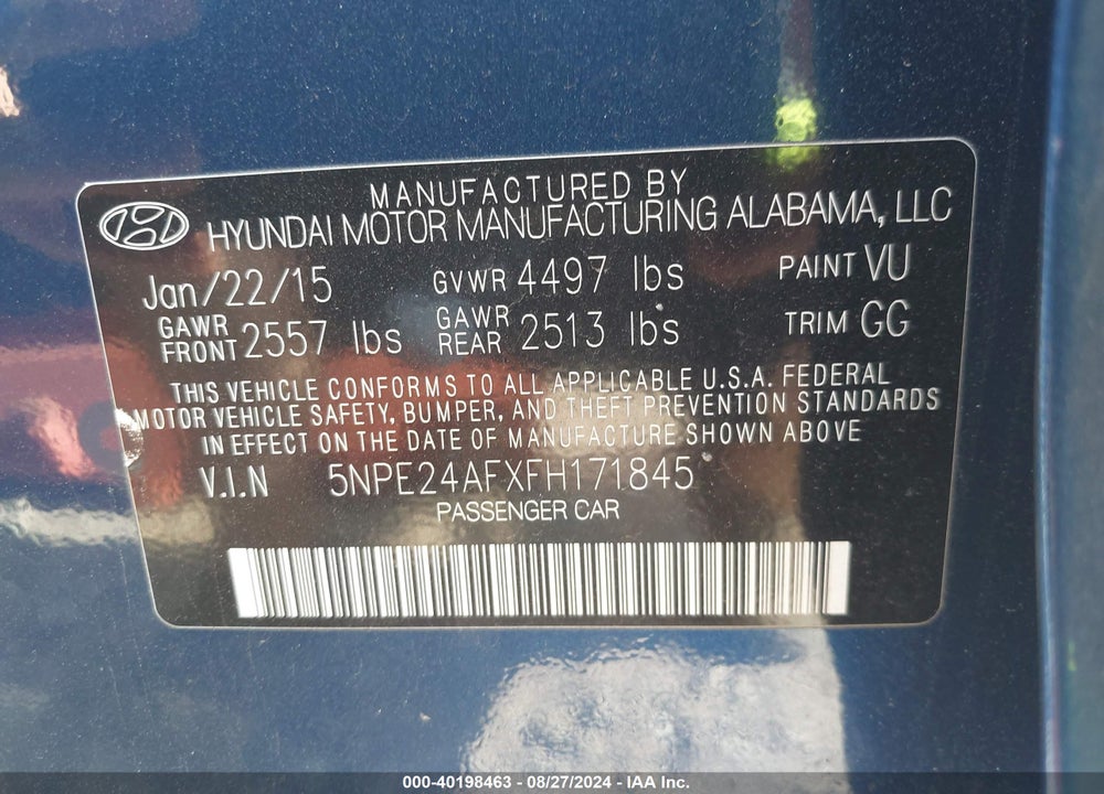 2015 HYUNDAI SONATA SE VIN: 5NPE24AFXFH171845
