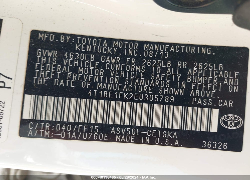 2014 TOYOTA CAMRY SE VIN: 4T1BF1FK2EU305789