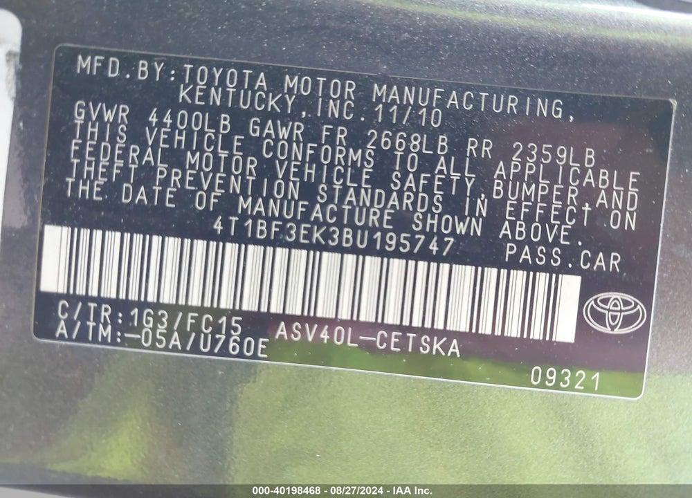 2011 TOYOTA CAMRY SE VIN: 4T1BF3EK3BU195747