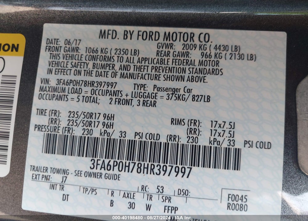 2017 FORD FUSION SE VIN: 3FA6P0H78HR397997