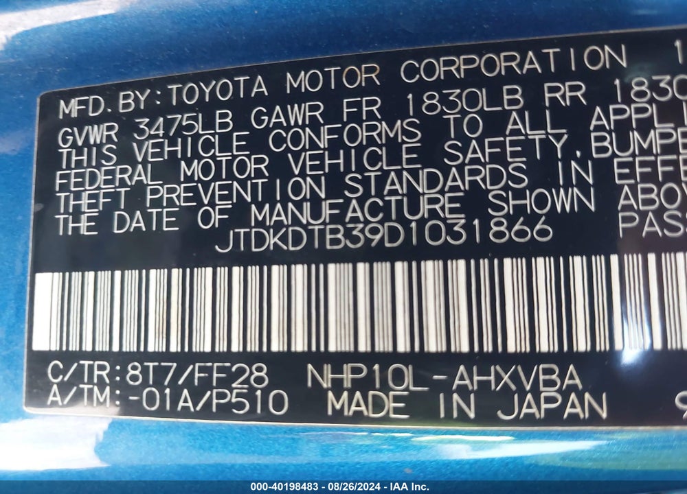 2013 TOYOTA PRIUS C TWO VIN: JTDKDTB39D1031866
