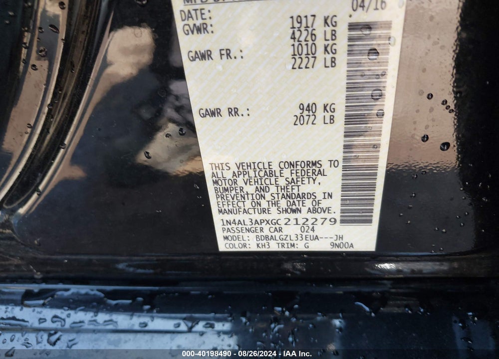 2016 NISSAN ALTIMA 2.5 S VIN: 1N4AL3APXGC212279