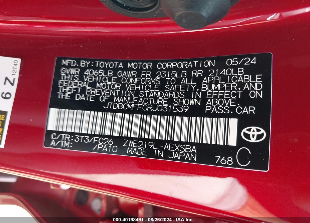 2024 TOYOTA COROLLA HYBRID SE VIN: JTDBCMFE0RJ031539