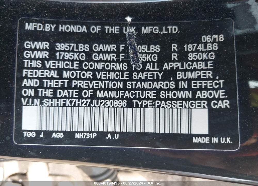 2018 HONDA CIVIC LX VIN: SHHFK7H27JU230896