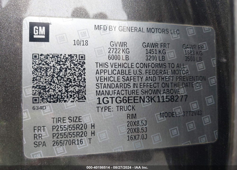 2019 GMC CANYON DENALI VIN: 1GTG6EEN3K1158277