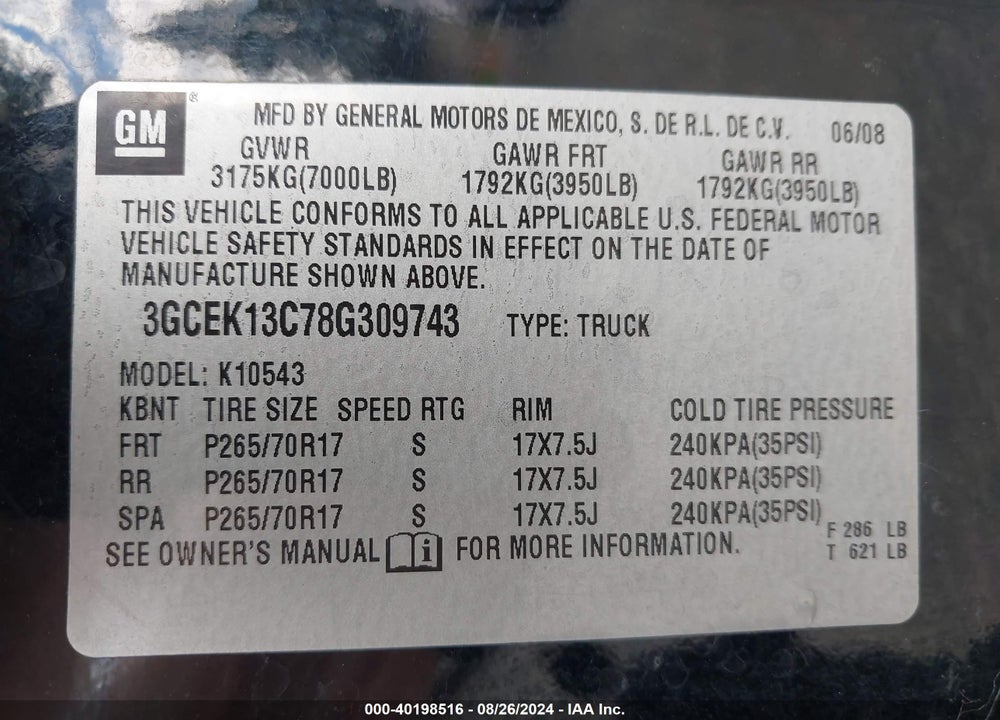 2008 CHEVROLET SILVERADO 1500 LT1 VIN: 3GCEK13C78G309743