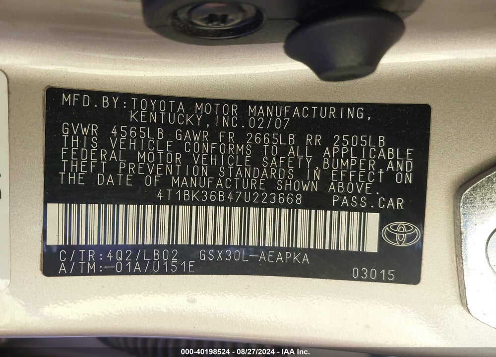 2007 TOYOTA AVALON LIMITED VIN: 4T1BK36B47U223668
