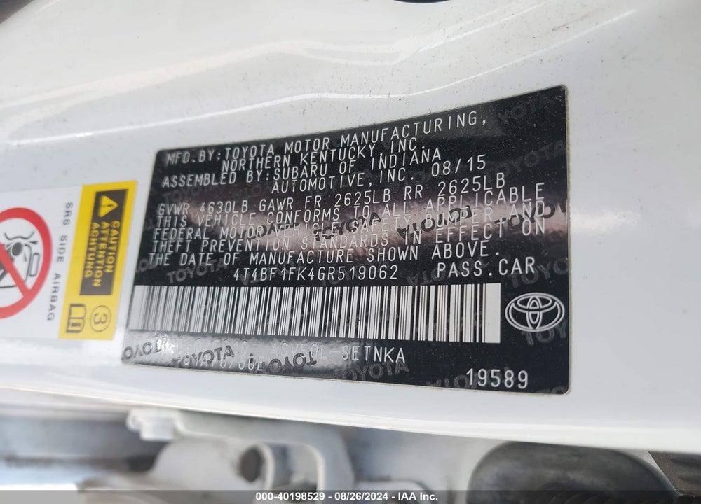 2016 TOYOTA CAMRY LE VIN: 4T4BF1FK4GR519062