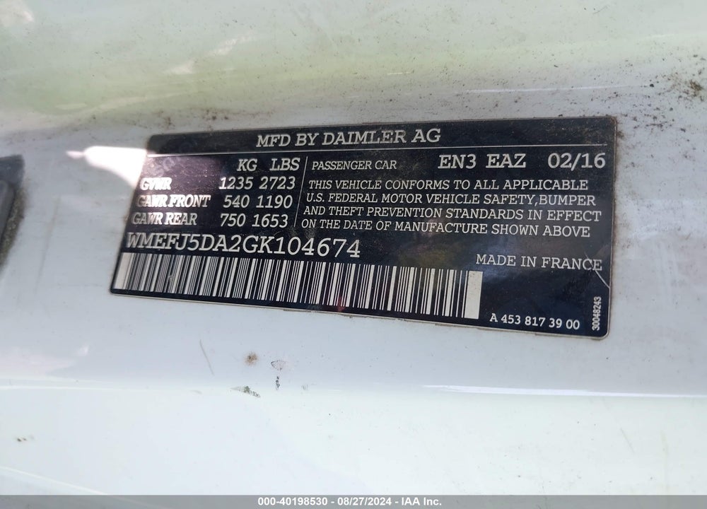 2016 SMART FORTWO PASSION/PRIME/PROXY/PURE VIN: WMEFJ5DA2GK104674