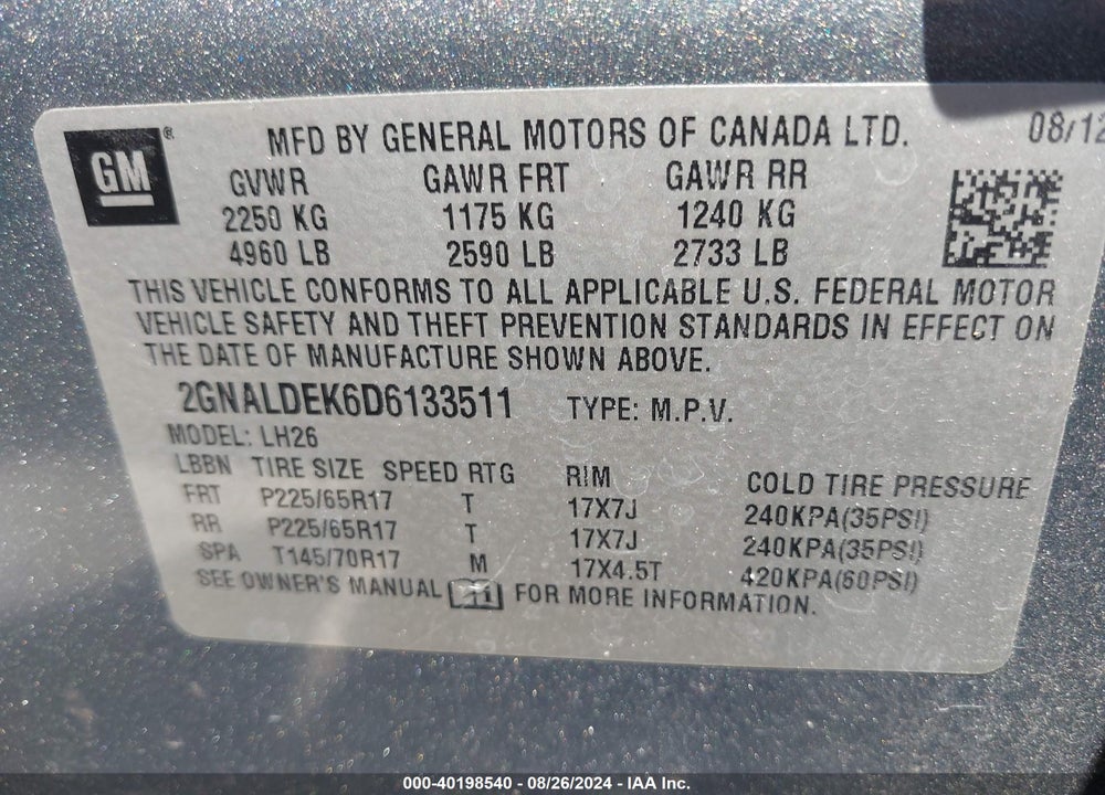 2013 CHEVROLET EQUINOX 1LT VIN: 2GNALDEK6D6133511
