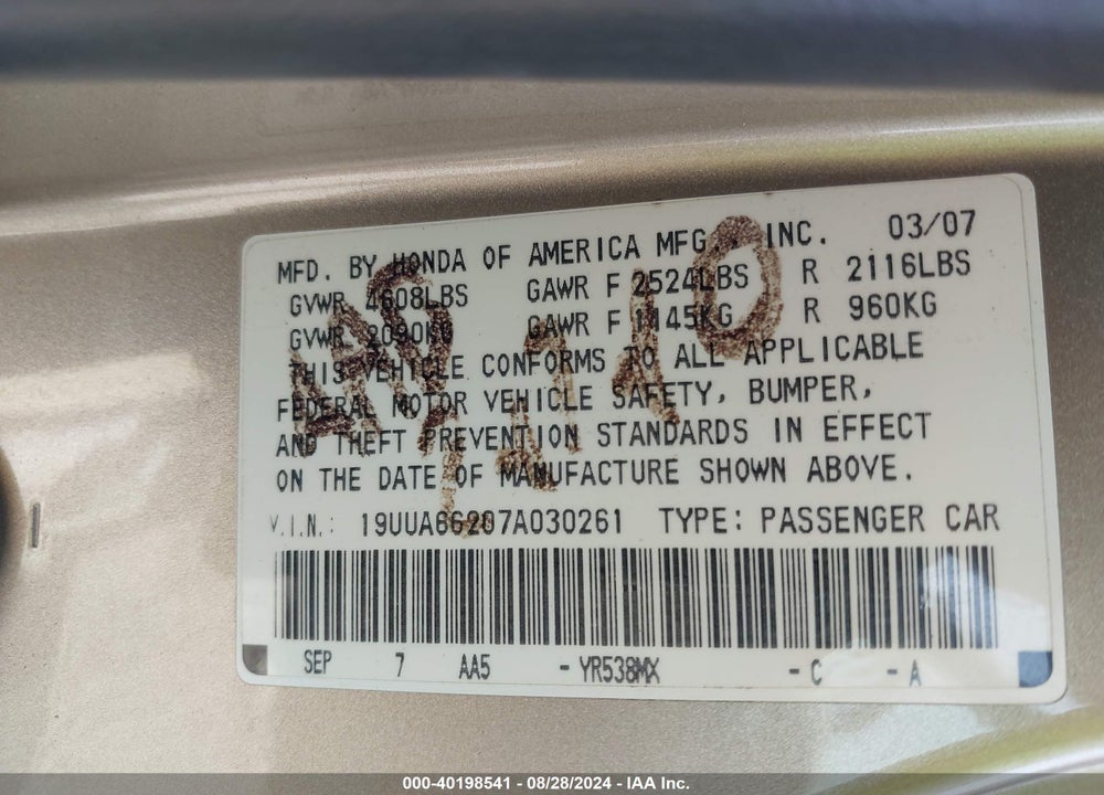 2007 ACURA TL 3.2 VIN: 19UUA66207A030261