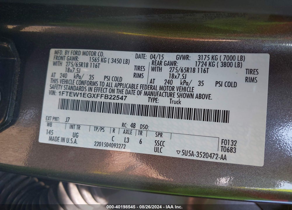 2015 FORD F-150 XLT VIN: 1FTEW1EGXFFB22547