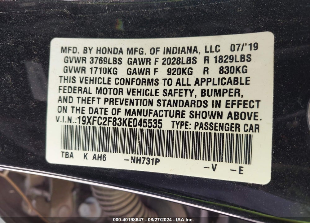 2019 HONDA CIVIC SPORT VIN: 19XFC2F83KE045535