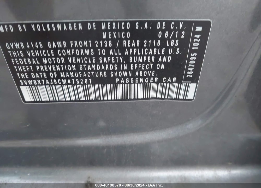 2012 VOLKSWAGEN JETTA 2.5L SE VIN: 3VWBX7AJ9CM473267