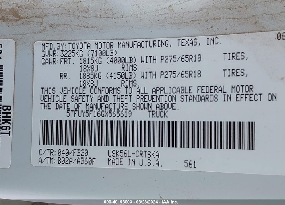 2016 TOYOTA TUNDRA SR5 5.7L V8 VIN: 5TFUY5F16GX565619