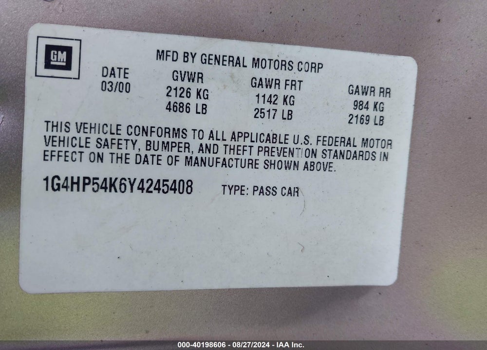 2000 BUICK LESABRE CUSTOM VIN: 1G4HP54K6Y4245408