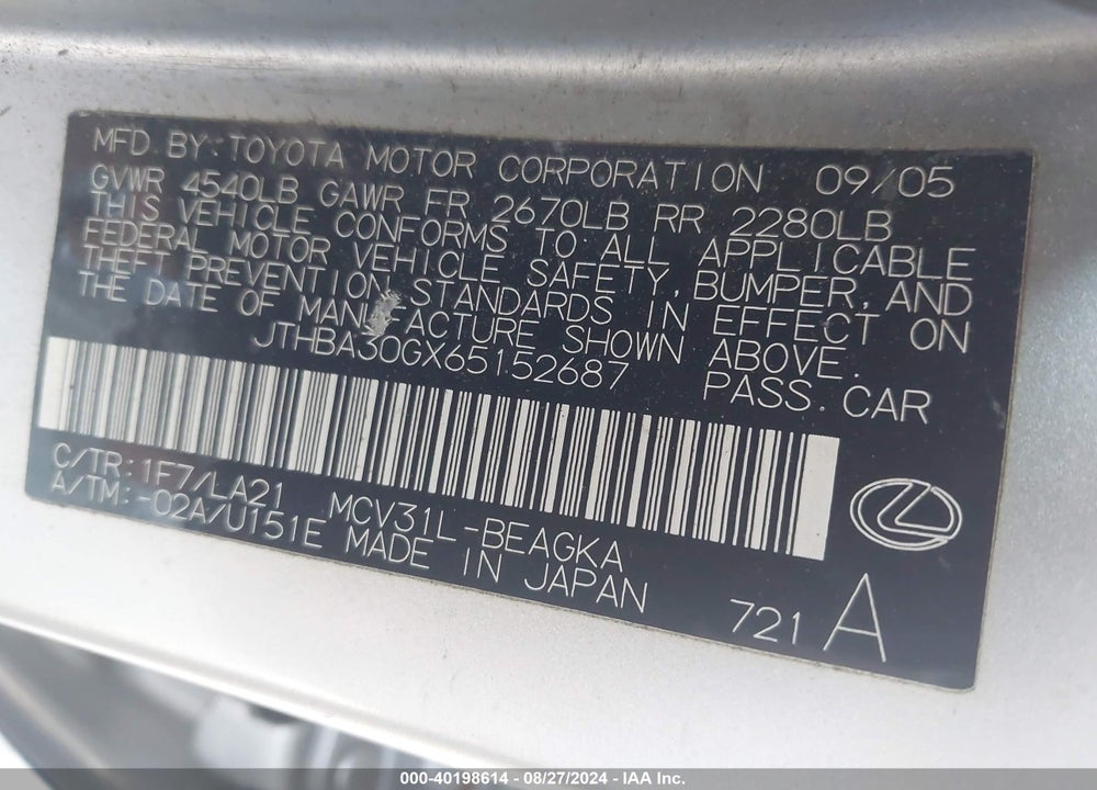 2006 LEXUS ES 330 VIN: JTHBA30GX65152687